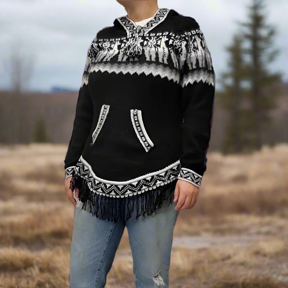 Peruvian Alpaca Wool Aztec Sweater Boho Hooded Pullover Ethnika